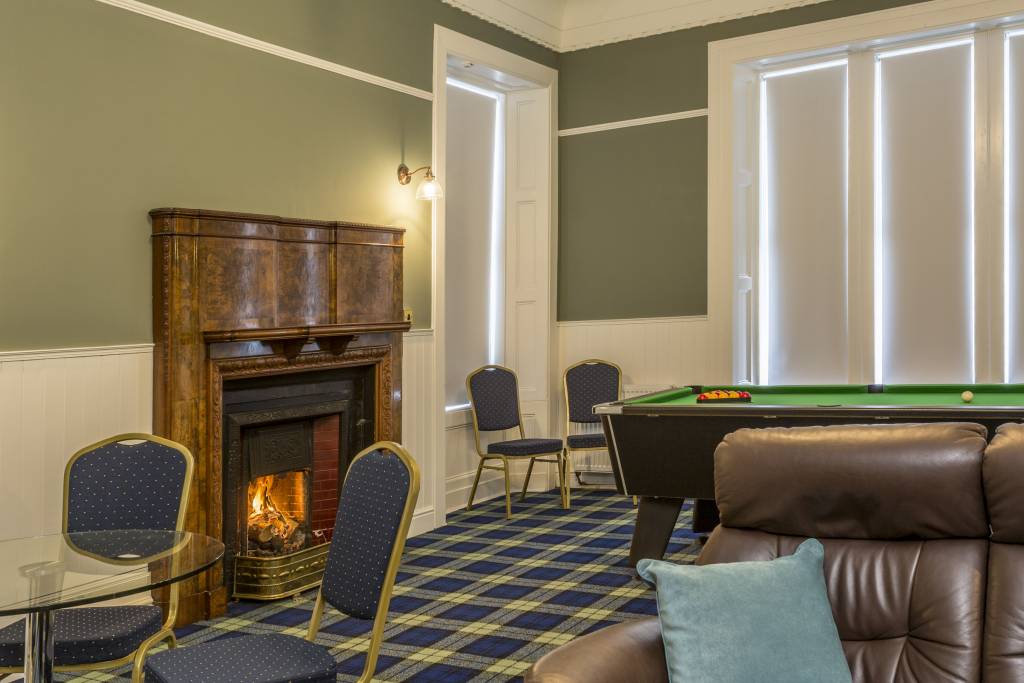Games room open fire and pool table